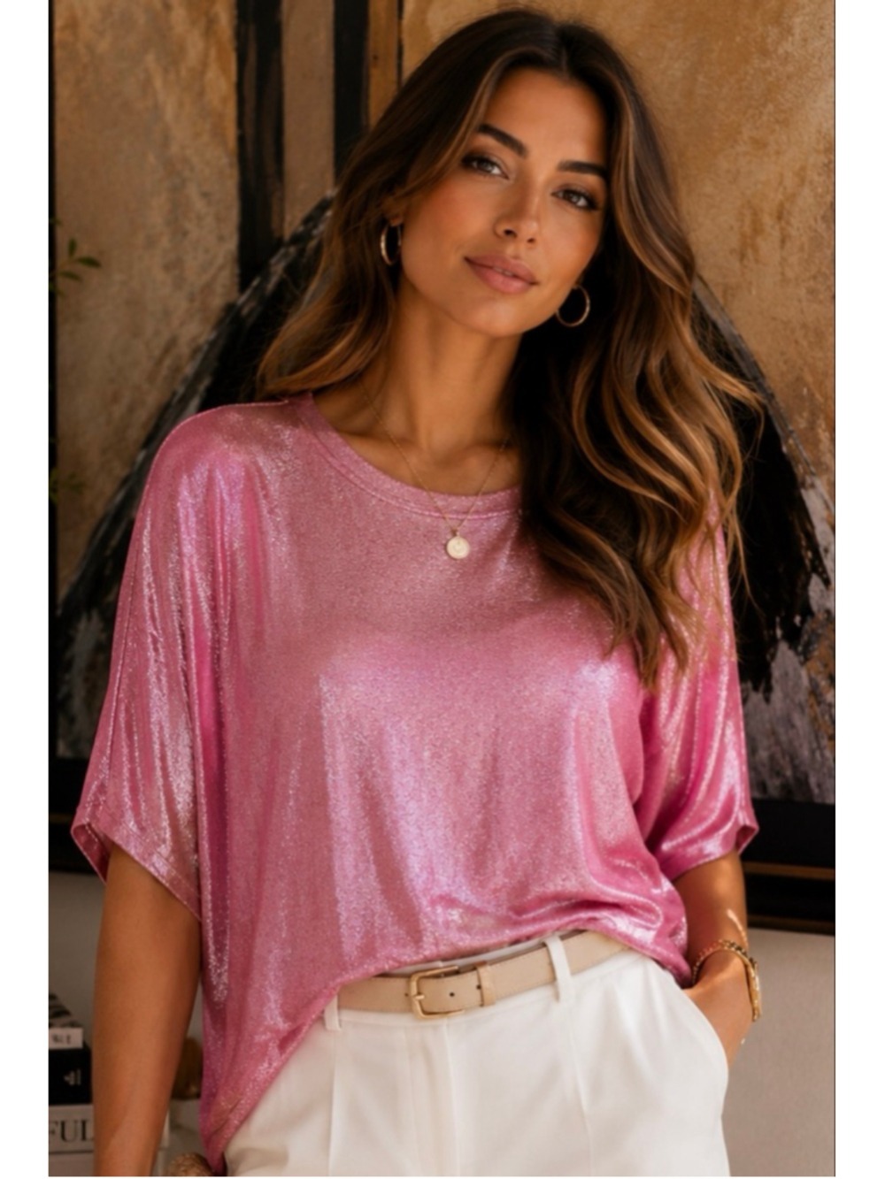 NWT Majestic Filatures Pink Shimmer Short Sleeve Tee S